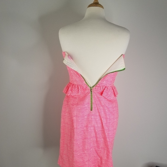 Lilly Pulitzer Lowe Fiesta Pink Pretty Gingham Strapless Peplum Dress Size 4 - Picture 13 of 15